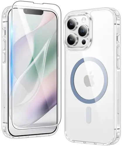FNTCASE iPhone 13 Pro uchun g'ilof: Magsafe bilan mos keladigan shaffof magnit telefon g'iloflari, ingichka, sarg'ayishga qarshi, harbiy darajadagi tushishdan himoya, mustahkam himoya shaffof mobil qopqoq (D-ko'k magnitli) - 1
