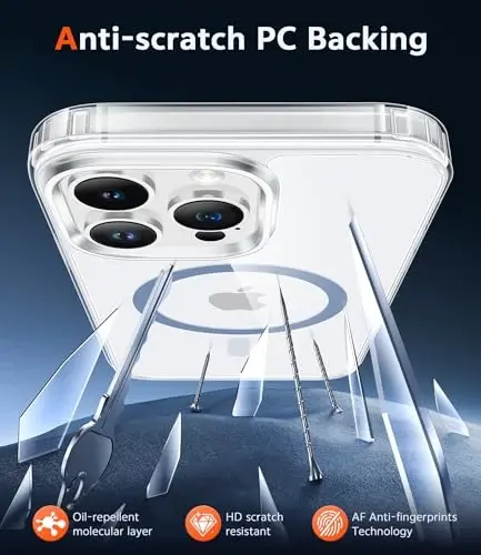 FNTCASE iPhone 13 Pro uchun g'ilof: Magsafe bilan mos keladigan shaffof magnit telefon g'iloflari, ingichka, sarg'ayishga qarshi, harbiy darajadagi tushishdan himoya, mustahkam himoya shaffof mobil qopqoq (D-ko'k magnitli) - 5