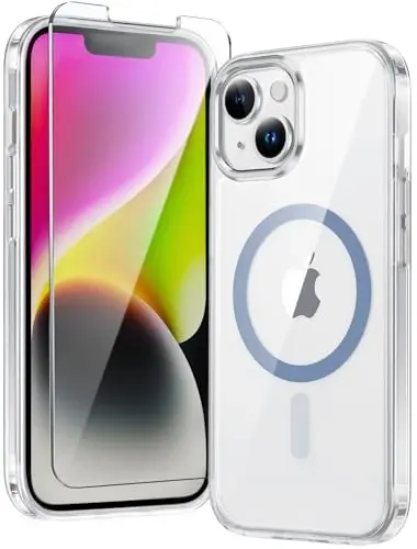 FNTCASE iPhone 13 uchun telefon g‘ilofi: Shaffof telefon g‘ilofi, magnitli, harbiy darajadagi tushishdan himoya, sarg‘ayishga qarshi, zarbaga chidamli himoya bamperi (D-Blue Magnetic) - 1