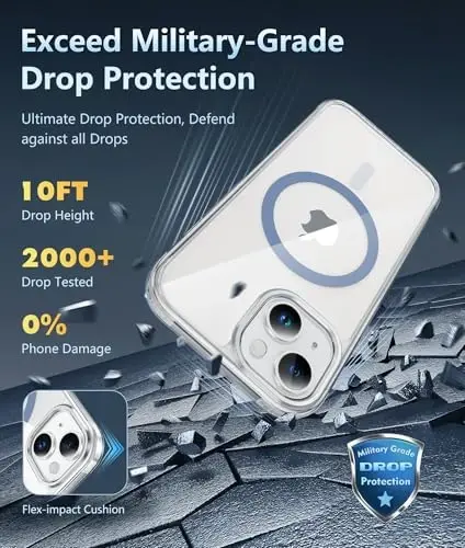 FNTCASE iPhone 13 uchun telefon g‘ilofi: Shaffof telefon g‘ilofi, magnitli, harbiy darajadagi tushishdan himoya, sarg‘ayishga qarshi, zarbaga chidamli himoya bamperi (D-Blue Magnetic) - 4