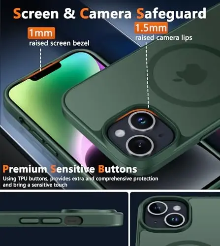 FNTCASE iPhone 13/14 uchun telefon g‘ilofi: iPhone 16e magnitli yarim shaffof mat orqa qopqoq metall tugmali harbiy darajadagi zarbga chidamli to‘liq korpusli himoya yupqa g‘iloflar - 5