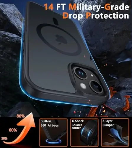 FNTCASE iPhone 13/14 uchun telefon g'ilofi: iPhone 16e magnitli yarim shaffof mat qopqoqli metall tugmali harbiy darajadagi zarbaga chidamli korpus to'liq himoya qiluvchi yupqa telefon g'ilofi - 5