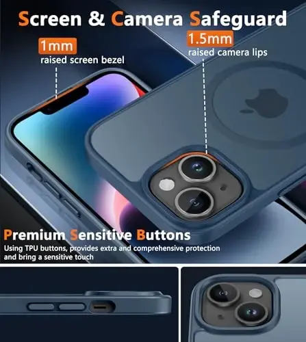 FNTCASE iPhone 14 Plus uchun g'ilof: iPhone 15 Plus Magnetic Matte Textured Military Grade Drop Protection Translucent Cell Phone Cover uchun - Slim Shockproof Protective Bumper Phonecase - 5