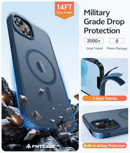 FNTCASE iPhone 14 Plus uchun g'ilof: iPhone 15 Plus Magnetic Matte Textured Military Grade Drop Protection Translucent Cell Phone Cover uchun - Slim Shockproof Protective Bumper Phonecase - 5