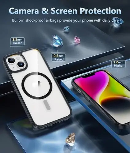 FNTCASE iPhone 14 Plus uchun G'ilof Shaffof Telefon G'ilofi iPhone 14plus uchun Himoya Qopqog'i | Magnit, Zarba o'tkazmaydigan, Harbiy Standart, Yiqilishdan Himoya, Sariqlikka Qarshi, Sirpanishga Qarshi, Ingichka, Yengil (B-Qora) - 5