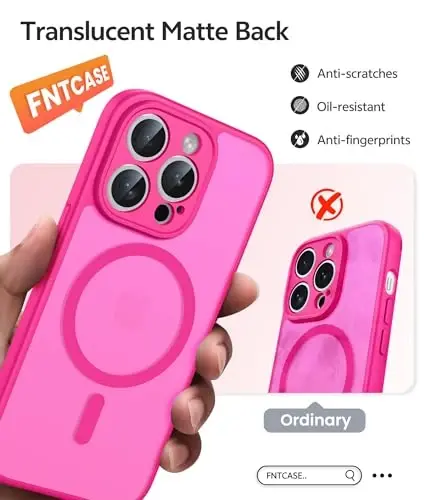 FNTCASE for iPhone 14 Pro Case, Compatible with Magsafe, Screen Protector | Full Camera Protection, Translucent Matte, 14FT Military Grade Drop Proof, Shockproof Protective Phone Cover, Hot Pink 