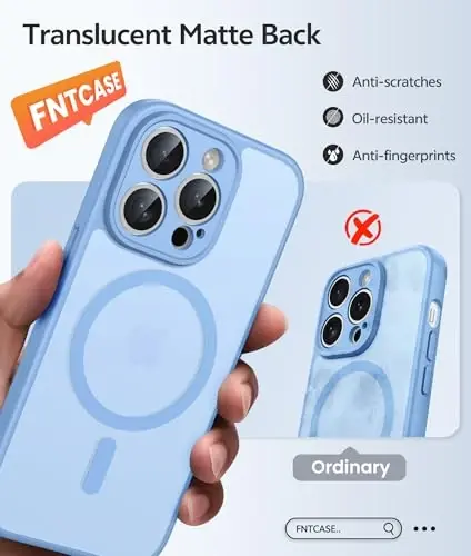 FNTCASE for iPhone 14 Pro Case, Compatible with Magsafe, Screen Protector | Full Camera Protection, Translucent Matte, 14FT Military Grade Drop Proof, Shockproof Protective Phone Cover, Light Blue 