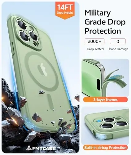 FNTCASE for iPhone 14 Pro Max Case, Fit for Magsafe, Glass Screen Protector | Full Camera Protection, Translucent Matte, 14FT Military Grade Drop Proof, Shockproof Protective Phone Cover, Light Moss - 5