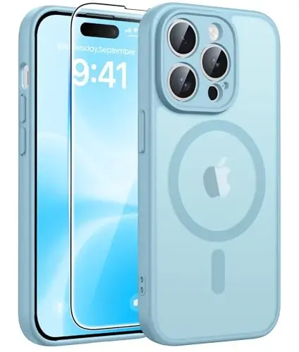 FNTCASE for iPhone 14 Pro Max Case, Fit for Magsafe, Glass Screen Protector | Full Camera Protection, Translucent Matte, 14FT Military Grade Drop Proof, Shockproof Protective Phone Cover, Teal - 1