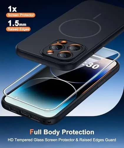 FNTCASE for iPhone 14 Pro Max Case Black: Compatible with MagSafe | With Screen Protector, Translucent Magnetic Full Camera Protection, 14FT Military Grade Drop Tested, Matte Shockproof Cover 