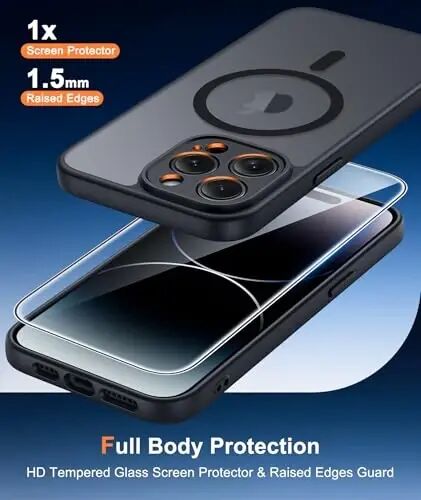 FNTCASE for iPhone 14 Pro Max Case Black: Compatible with MagSafe | With Screen Protector, Translucent Magnetic Full Camera Protection, 14FT Military Grade Drop Tested, Matte Shockproof Cover 
