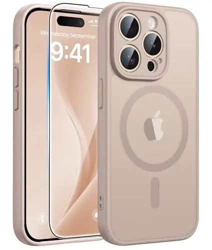 FNTCASE for iPhone 14 Pro Max Case, Fit for Magsafe, Glass Screen Protector | Full Camera Protection, Translucent Matte, 14FT Military Grade Drop Proof, Shockproof Protective Phone Cover, Desert Gold 