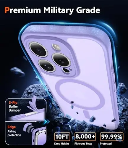 FNTCASE iPhone 14 Pro-Max uchun g'ilof: Magnit mat teksturali harbiy standartga mos tushishdan himoya qiluvchi yarim shaffof telefon qopqog'i - Ingichka, mustahkam, zarbga chidamli himoya bumperli telefon g'ilofi (C-Purple) - 6