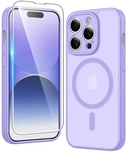 FNTCASE iPhone 14 Pro-Max uchun g'ilof: Magnit mat teksturali harbiy standartga mos tushishdan himoya qiluvchi yarim shaffof telefon qopqog'i - Ingichka, mustahkam, zarbga chidamli himoya bumperli telefon g'ilofi (C-Purple) 