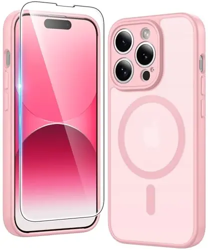 FNTCASE iPhone 14 Pro-Max uchun g‘ilof: Magnitli mat teksturali harbiy standartdagi tushishdan himoya qiluvchi yarim shaffof telefon qopqog‘i - Yupqa, mustahkam, zarbga chidamli himoya tamponli telefon g‘ilofi (C-pushti) 