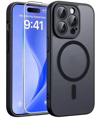 FNTCASE iPhone 14 Pro Max uchun g'ilof: Magnitli yarim shaffof matli yupqa g'iloflar [ закалённое Стекло ekran himoyachisi] [To'liq kamera himoyasi] Harbiy darajadagi zarbaga chidamli himoya telefon qopqog'i - Qora 