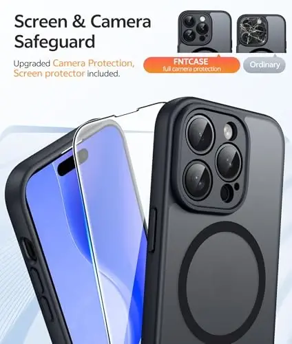 FNTCASE iPhone 14 Pro Max uchun g'ilof: Magnitli yarim shaffof matli yupqa g'iloflar [ закалённое Стекло ekran himoyachisi] [To'liq kamera himoyasi] Harbiy darajadagi zarbaga chidamli himoya telefon qopqog'i - Qora - 4
