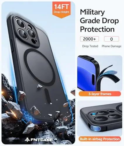 FNTCASE iPhone 14 Pro Max uchun g'ilof: Magnitli yarim shaffof matli yupqa g'iloflar [ закалённое Стекло ekran himoyachisi] [To'liq kamera himoyasi] Harbiy darajadagi zarbaga chidamli himoya telefon qopqog'i - Qora - 5
