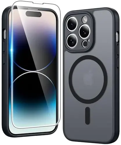 FNTCASE iPhone 14 Pro-Max uchun g‘ilof: Magsafe bilan mos keladigan ekran himoyachisi bilan mat magnit telefon g‘iloflari, ingichka sarg‘ayishga qarshi zarbga chidamli himoya yarim shaffof g‘ilof (C-qora) - 1