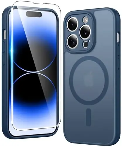FNTCASE iPhone 14 Pro-Max uchun g'ilof: MagSafe bilan mos keluvchi ekran himoyachisiga ega mat magnit telefon g'iloflari Yaxshilikka qarshi ingichka, zarbaga chidamli himoya qiluvchi shaffof mobil telefon qopqog'i (C-ko'k) 
