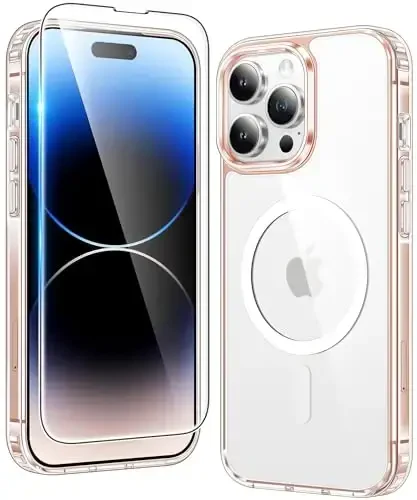 FNTCASE iPhone 14 Pro-Max uchun g'ilof: Magsafe bilan mos keluvchi shaffof magnit telefon g'iloflari, ingichka, sarg'ayishga qarshi, harbiy darajadagi tushishga chidamli, mustahkam himoya shaffof telefon qopqog'i (D-Crystal Pink) - 1