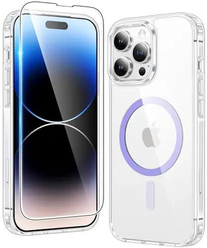 FNTCASE iPhone 14 Pro-Max uchun g'ilof: Magsafe bilan mos keluvchi shaffof magnit telefon g'iloflari Yupqa sarg'ayishga qarshi harbiy darajadagi tushishdan himoya Qattiq himoya shaffof mobil telefon qopqog'i (D-Purple) 