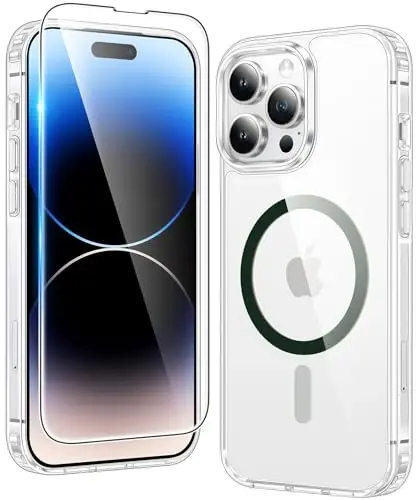 FNTCASE iPhone 14 Pro-Max uchun g‘ilof: Magsafe bilan mos keluvchi shaffof magnitli telefon g‘iloflari Yaxshilikka qarshi ingichka harbiy darajadagi tushishdan himoya Qattiq himoya shaffof mobil telefon qopqog‘i (D-Green) - 1