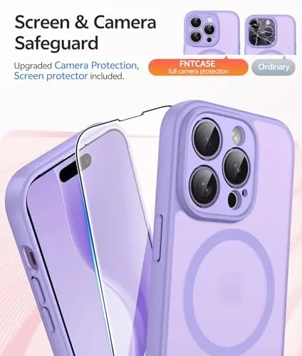 FNTCASE iPhone 14 Pro Max uchun g'ilof: [Magsafe bilan mos] Shaffof matli g'iloflar [Ekran himoyachisi] [To'liq kamera himoyasi] Harbiy darajadagi zarbaga chidamli himoya telefon qopqog'i - och binafsha - 4