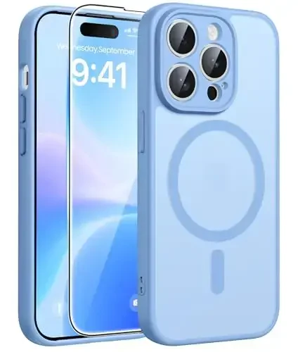 FNTCASE iPhone 14 Pro Max uchun g'ilof: [Magsafe bilan mos] Shaffof matli g'iloflar [Ekran himoyachisi] [To'liq kamera himoyasi] Harbiy darajadagi zarbaga chidamli himoya telefon qopqog'i - och ko'k - 1