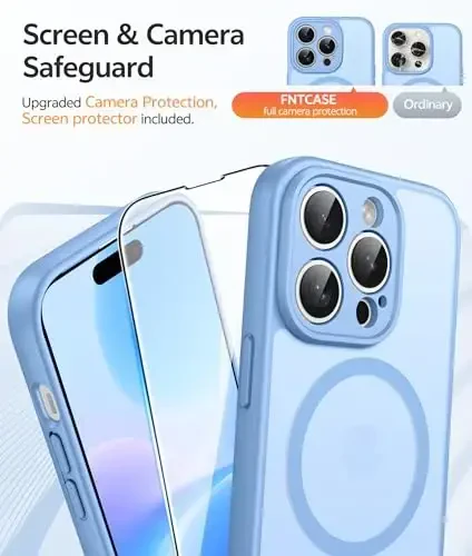 FNTCASE iPhone 14 Pro Max uchun g'ilof: [Magsafe bilan mos] Shaffof matli g'iloflar [Ekran himoyachisi] [To'liq kamera himoyasi] Harbiy darajadagi zarbaga chidamli himoya telefon qopqog'i - och ko'k - 4