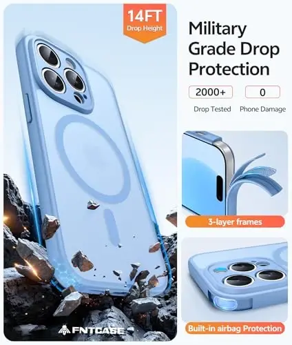 FNTCASE iPhone 14 Pro Max uchun g'ilof: [Magsafe bilan mos] Shaffof matli g'iloflar [Ekran himoyachisi] [To'liq kamera himoyasi] Harbiy darajadagi zarbaga chidamli himoya telefon qopqog'i - och ko'k - 5