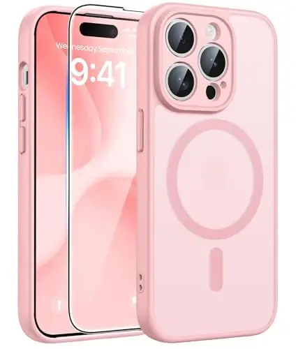 FNTCASE iPhone 14 Pro Max uchun g'ilof: [Magsafe bilan mos] Yarim shaffof matli g'iloflar [Ekran himoyachisi] [To'liq kamera himoyasi] Harbiy darajadagi zarbga chidamli himoya telefon qopqog'i - Och pushti - 1