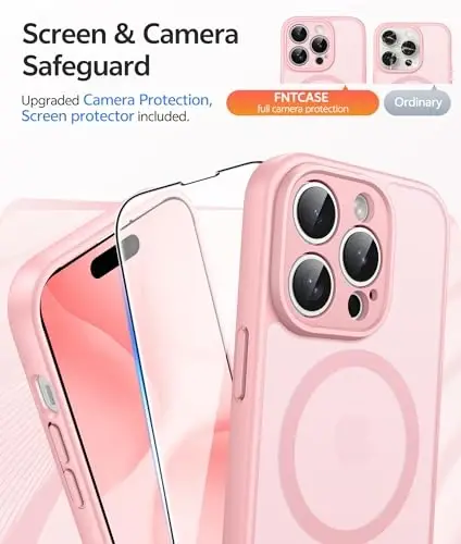 FNTCASE iPhone 14 Pro Max uchun g'ilof: [Magsafe bilan mos] Yarim shaffof matli g'iloflar [Ekran himoyachisi] [To'liq kamera himoyasi] Harbiy darajadagi zarbga chidamli himoya telefon qopqog'i - Och pushti - 4