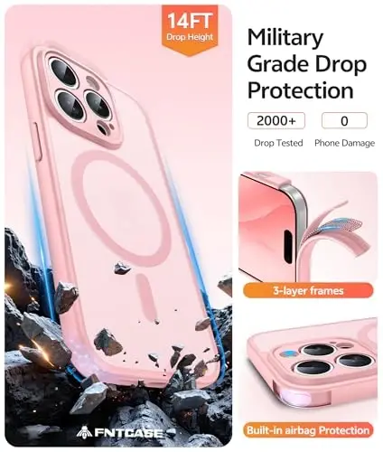 FNTCASE iPhone 14 Pro Max uchun g'ilof: [Magsafe bilan mos] Yarim shaffof matli g'iloflar [Ekran himoyachisi] [To'liq kamera himoyasi] Harbiy darajadagi zarbga chidamli himoya telefon qopqog'i - Och pushti - 5
