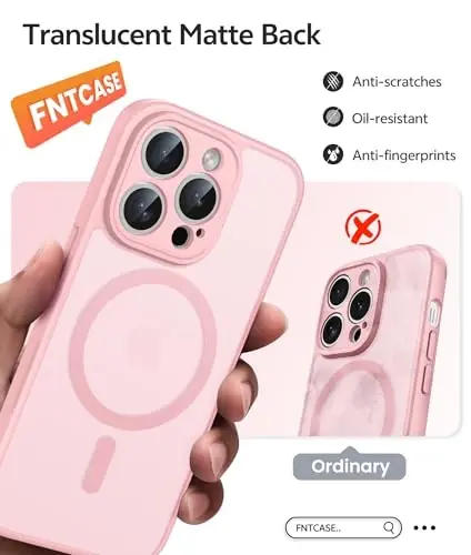 FNTCASE iPhone 14 Pro Max uchun g'ilof: [Magsafe bilan mos] Yarim shaffof matli g'iloflar [Ekran himoyachisi] [To'liq kamera himoyasi] Harbiy darajadagi zarbga chidamli himoya telefon qopqog'i - Och pushti - 6