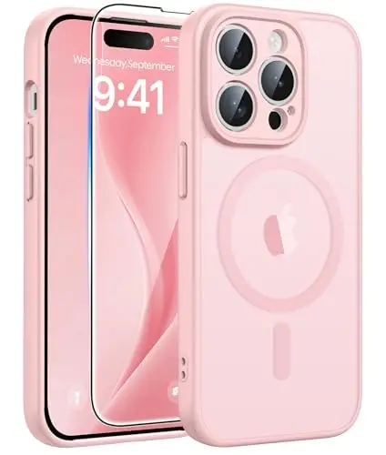 FNTCASE iPhone 14 Pro Max uchun g'ilof: [Magsafe bilan mos] Yarim shaffof matli g'iloflar [Ekran himoyachisi] [To'liq kamera himoyasi] Harbiy darajadagi zarbga chidamli himoya telefon qopqog'i - Och pushti 