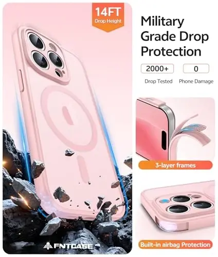 FNTCASE iPhone 14 Pro Max uchun g'ilof: [Magsafe bilan mos] Yarim shaffof matli g'iloflar [Ekran himoyachisi] [To'liq kamera himoyasi] Harbiy darajadagi zarbga chidamli himoya telefon qopqog'i - Och pushti - 5