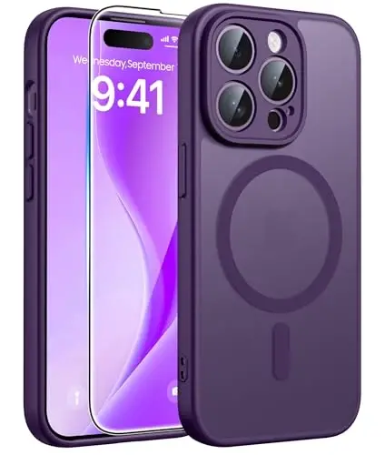 FNTCASE iPhone 14 Pro Max uchun g'ilof: [Magsafe bilan mos] Yarim shaffof matli g'iloflar [Ekran himoyachisi] [To'liq kamera himoyasi] Harbiy standartga javob beradigan zarbaga chidamli himoya telefon qopqog'i - Binafsha - 1