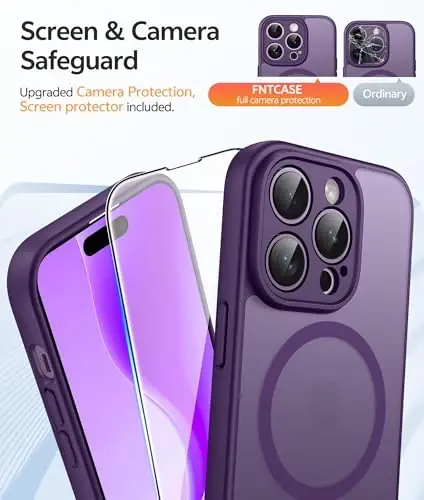 FNTCASE iPhone 14 Pro Max uchun g'ilof: [Magsafe bilan mos] Yarim shaffof matli g'iloflar [Ekran himoyachisi] [To'liq kamera himoyasi] Harbiy standartga javob beradigan zarbaga chidamli himoya telefon qopqog'i - Binafsha - 4
