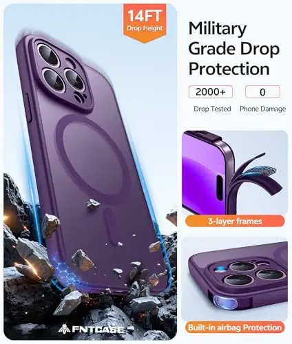 FNTCASE iPhone 14 Pro Max uchun g'ilof: [Magsafe bilan mos] Yarim shaffof matli g'iloflar [Ekran himoyachisi] [To'liq kamera himoyasi] Harbiy standartga javob beradigan zarbaga chidamli himoya telefon qopqog'i - Binafsha - 5