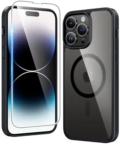 FNTCASE iPhone 14 Pro-Max uchun g'ilof: Shaffof Magnit tushishdan himoya qiluvchi g'iloflar | Zarbadan himoya qiluvchi ingichka sarg'ayishga qarshi qopqoq va sindirishga qarshi mustahkam qattiq kristalli TPU telefon g'ilofi (B-qora) - FNTCASE