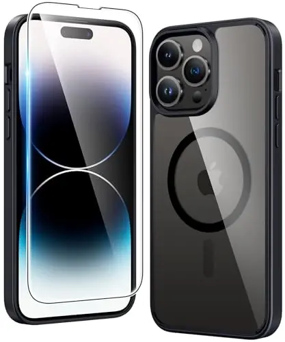 FNTCASE iPhone 14 Pro-Max uchun g'ilof: Shaffof Magnit tushishdan himoya qiluvchi g'iloflar | Zarbadan himoya qiluvchi ingichka sarg'ayishga qarshi qopqoq va sindirishga qarshi mustahkam qattiq kristalli TPU telefon g'ilofi (B-qora) 