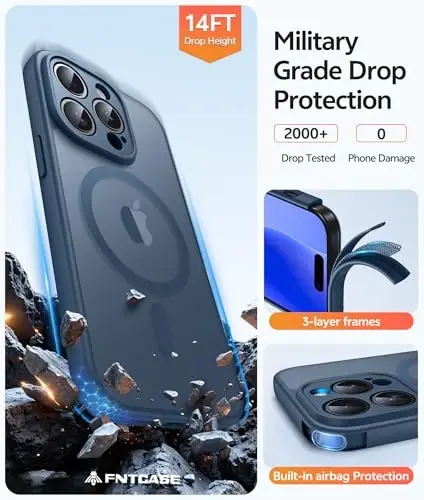 FNTCASE iPhone 14 Pro Max uchun mat qopqoq: magnitli ingichka yarim shaffof zarbga chidamli mobil telefon qopqog'i | Harbiy darajadagi zarbga chidamli qattiq himoya telefon bamperi - 5