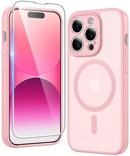 FNTCASE iPhone 14 Pro uchun g'ilof: Magsafe bilan mos keladigan mat magnit telefon g'iloflari, ekran himoyachisi bilan, ingichka, sarg'ayishga qarshi, zarbga chidamli, himoya qiluvchi yarim shaffof telefon qopqog'i (C-pushti) 