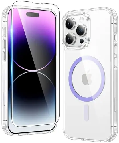 FNTCASE iPhone 14 Pro uchun g'ilof: Magsafe bilan mos keluvchi shaffof magnit telefon g'iloflari Yupqa sarg'ayishga qarshi harbiy darajadagi tushishdan himoya Qattiq himoya shaffof mobil telefon qopqog'i (D-Binafsha) 