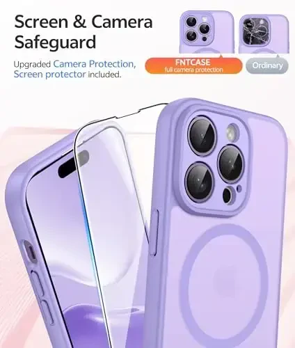 FNTCASE iPhone 14 Pro uchun g‘ilof: [Magsafe bilan mos] Yarim shaffof mat g‘iloflar [Ekran himoyachisi] [To‘liq kamera himoyasi] Harbiy darajadagi zarbaga chidamli himoya telefon qopqog‘i - Ochiq binafsha - 4