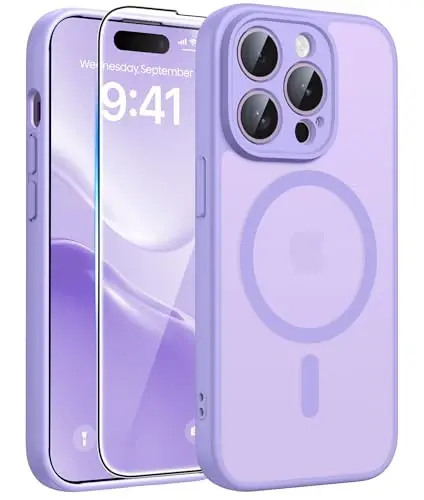 FNTCASE iPhone 14 Pro uchun g‘ilof: [Magsafe bilan mos] Yarim shaffof mat g‘iloflar [Ekran himoyachisi] [To‘liq kamera himoyasi] Harbiy darajadagi zarbaga chidamli himoya telefon qopqog‘i - Ochiq binafsha - FNTCASE