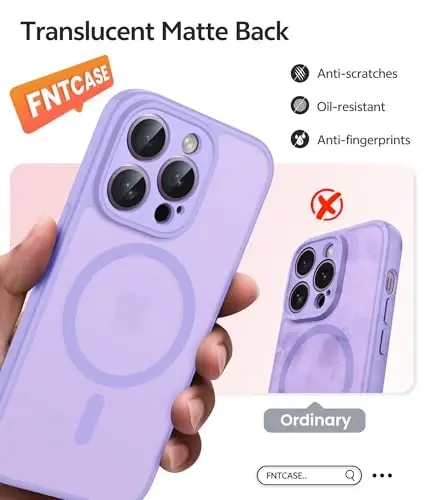 FNTCASE iPhone 14 Pro uchun g‘ilof: [Magsafe bilan mos] Yarim shaffof mat g‘iloflar [Ekran himoyachisi] [To‘liq kamera himoyasi] Harbiy darajadagi zarbaga chidamli himoya telefon qopqog‘i - Ochiq binafsha - 6