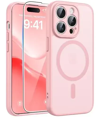 FNTCASE iPhone 14 Pro uchun g‘ilof: [Magsafe bilan mos] Yarim shaffof mat g‘iloflar [Ekran himoyachisi] [To‘liq kamera himoyasi] Harbiy darajadagi zarbga chidamli himoya telefon qopqog‘i - Och pushti 