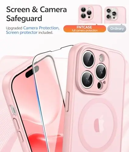FNTCASE iPhone 14 Pro uchun g‘ilof: [Magsafe bilan mos] Yarim shaffof mat g‘iloflar [Ekran himoyachisi] [To‘liq kamera himoyasi] Harbiy darajadagi zarbga chidamli himoya telefon qopqog‘i - Och pushti - 4
